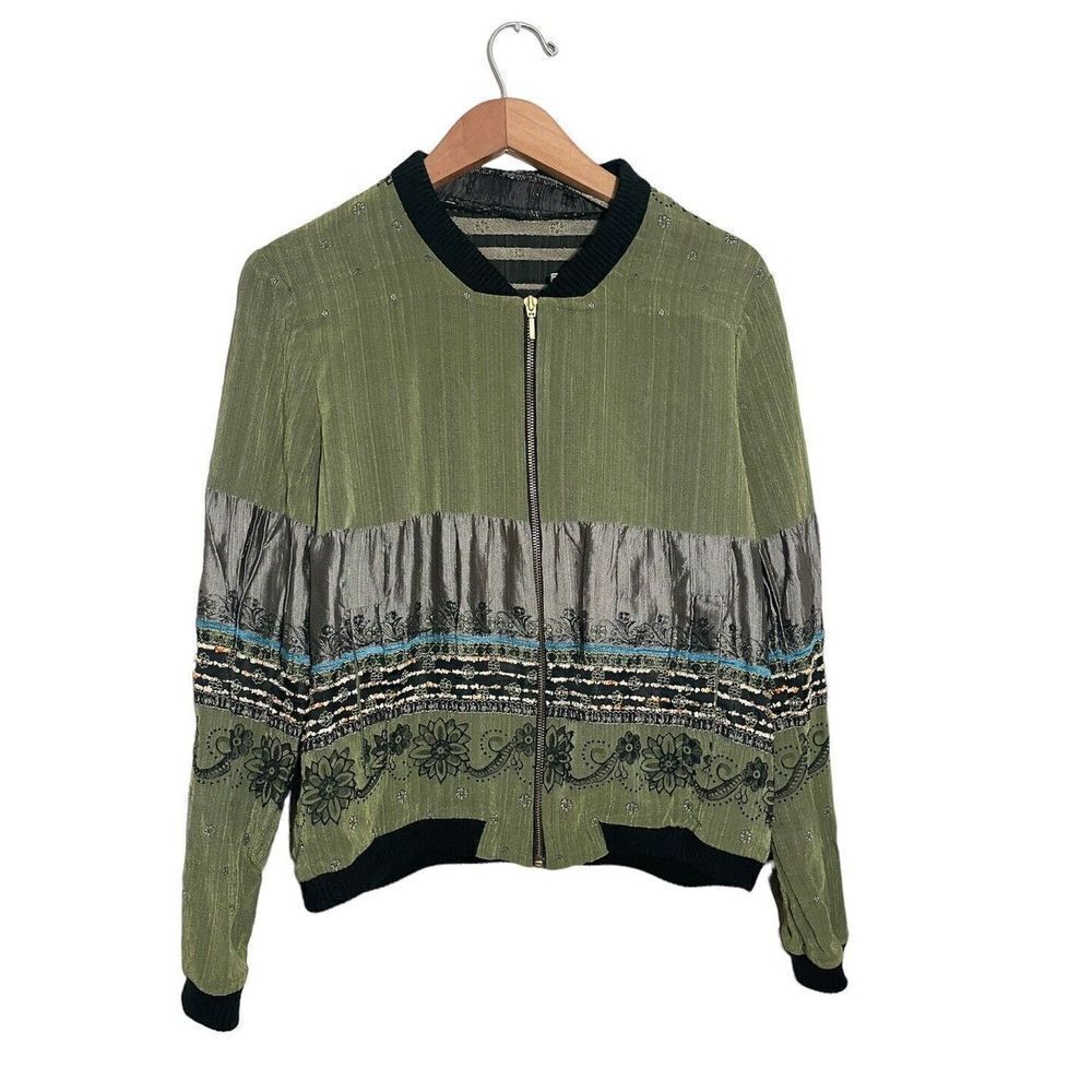 Flou By Shadia Embroidered Mesh Jacket Women’s Large Bohemian Rare Green‎